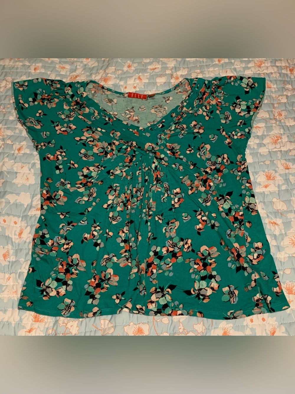 Elle Teal Floral Gathered V-Neck Top